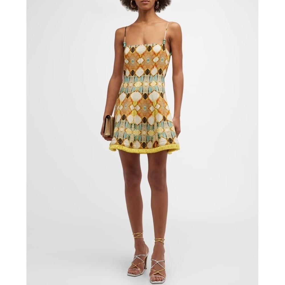 Christian Lacroix NWT Linen Blend Geometric Fringe Mini Dress Small Pockets